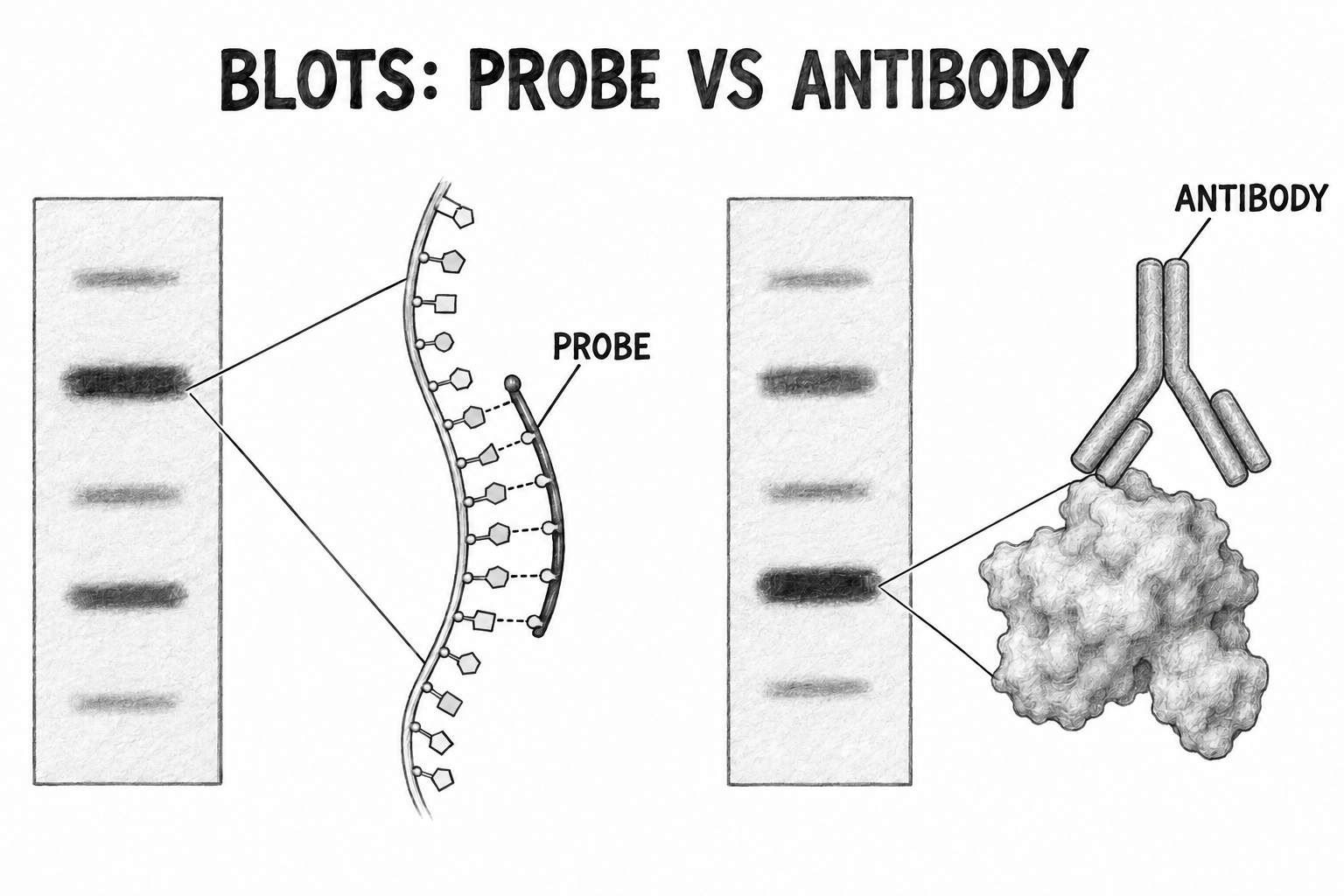 Two membrane panels contrast a complementary nucleic-acid probe binding a target strand with an antibody binding a protein band.