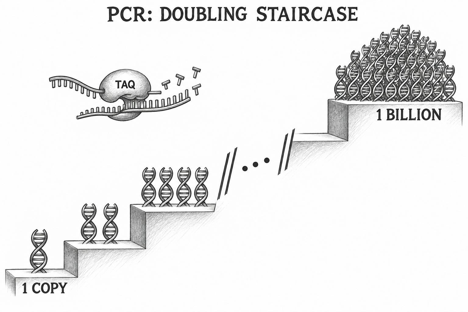 Pencil illustration of DNA copies climbing a doubling staircase.