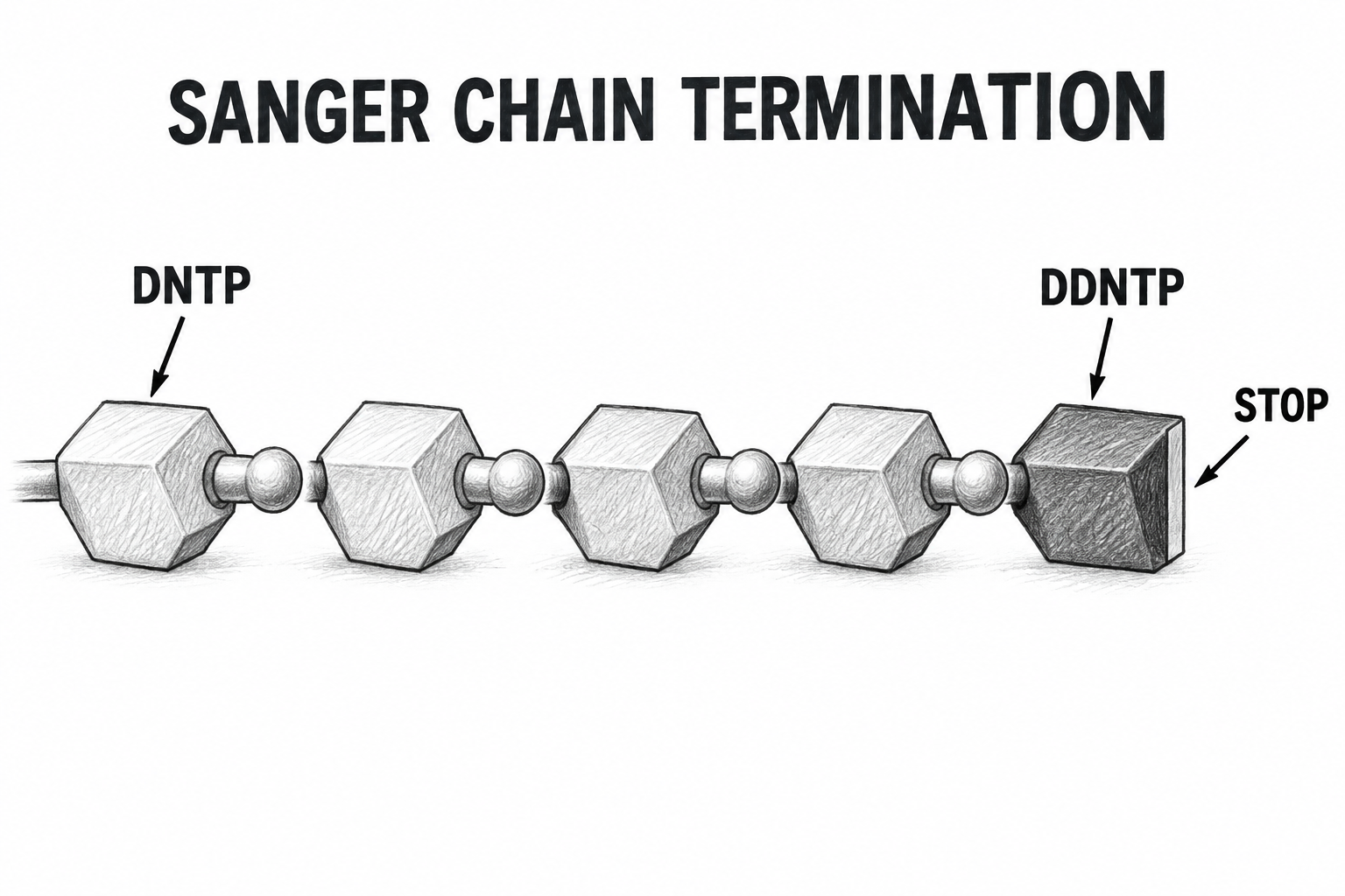 A DNA strand is represented by connected building blocks; a terminal ddNTP block lacks the connector needed to add the next nucleotide, ending the chain.