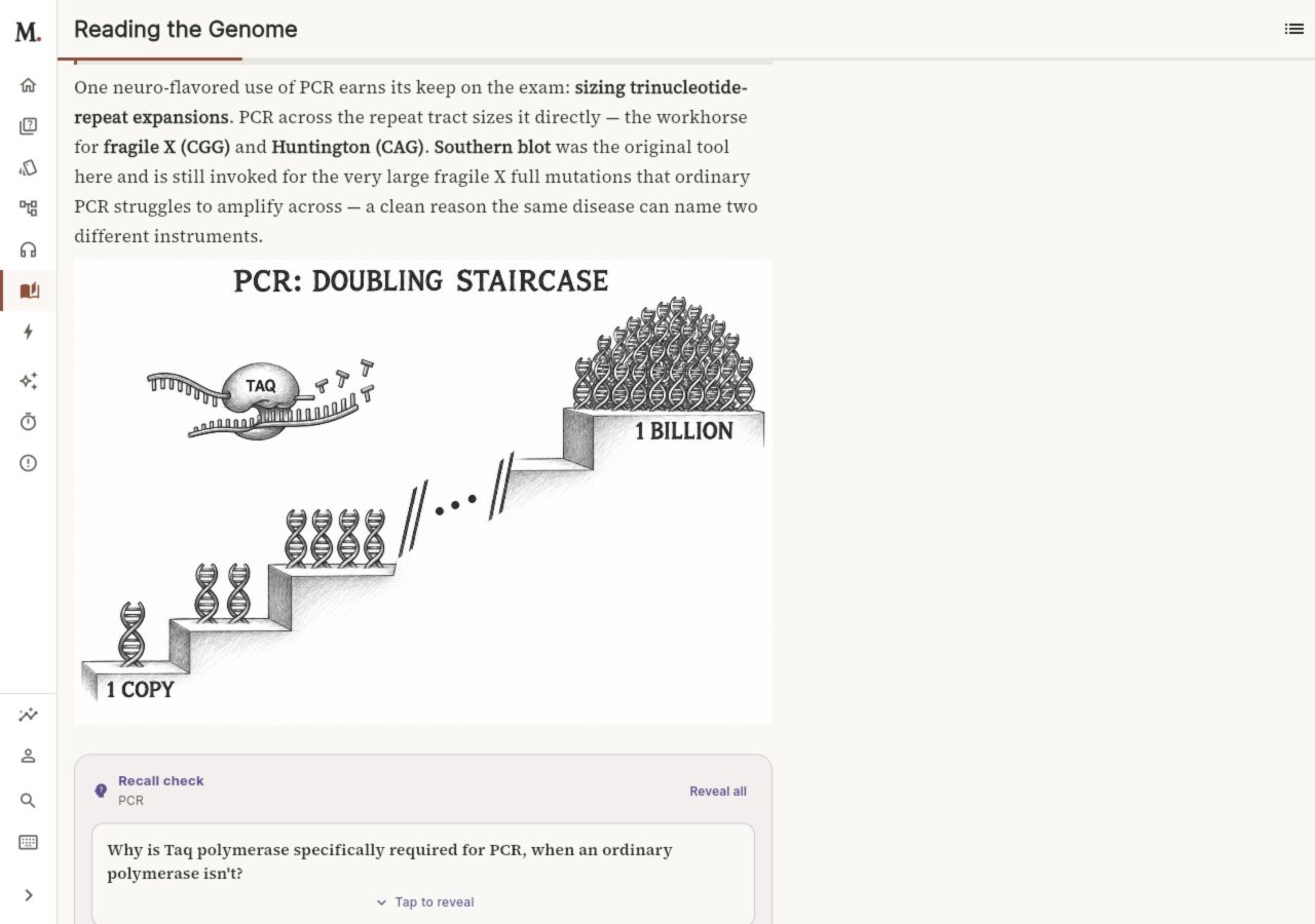 The MedRune web app showing the generated PCR diagram and recall checks inside The Companion, with the study sidebar alongside.